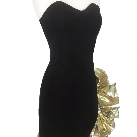 Elegant Black and Gold Strapless Prom Cocktail Holiday NYE Dress